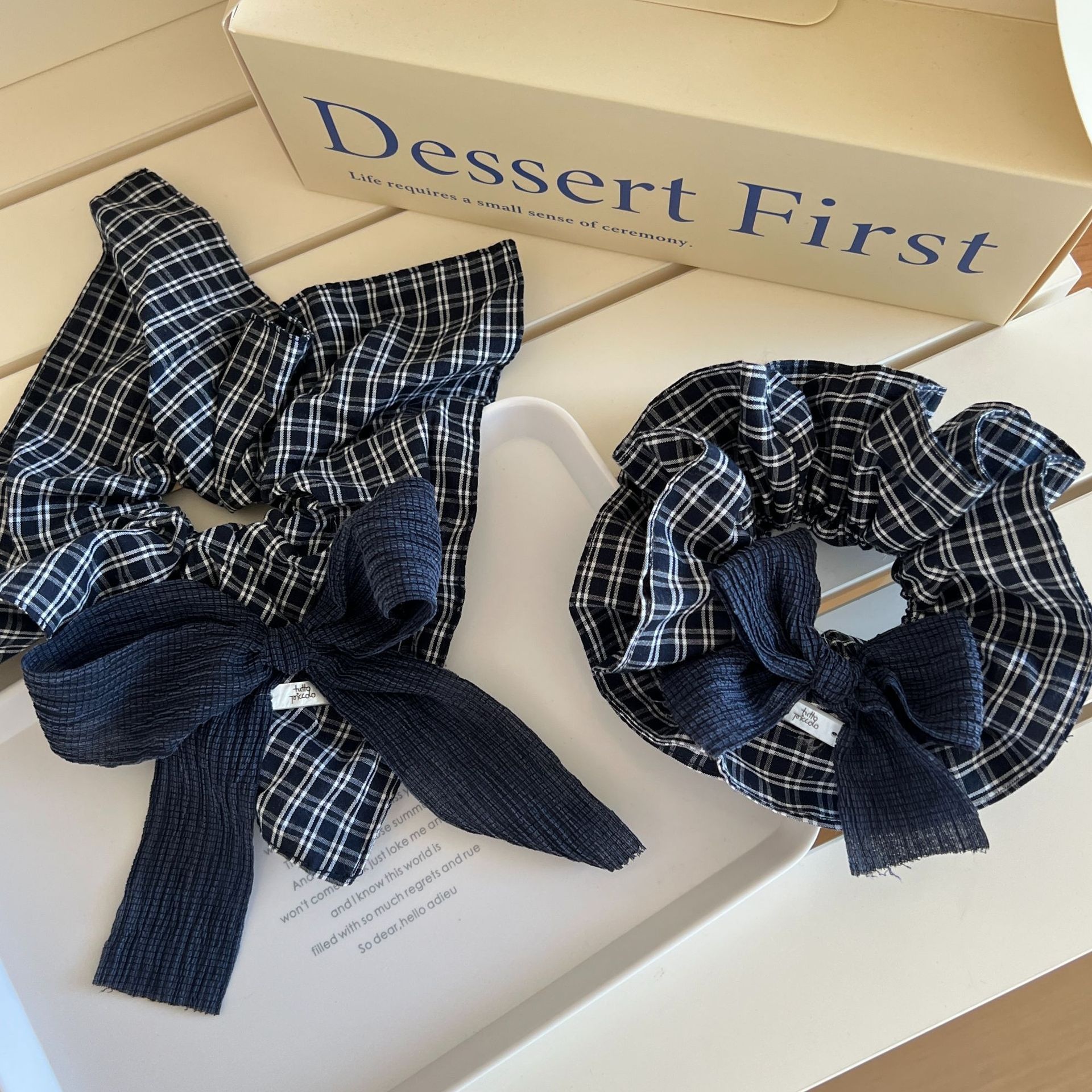 Women's Elegant Bowknot Scarf Scrunchie Hair Tie Retro Blue Denim Plaid