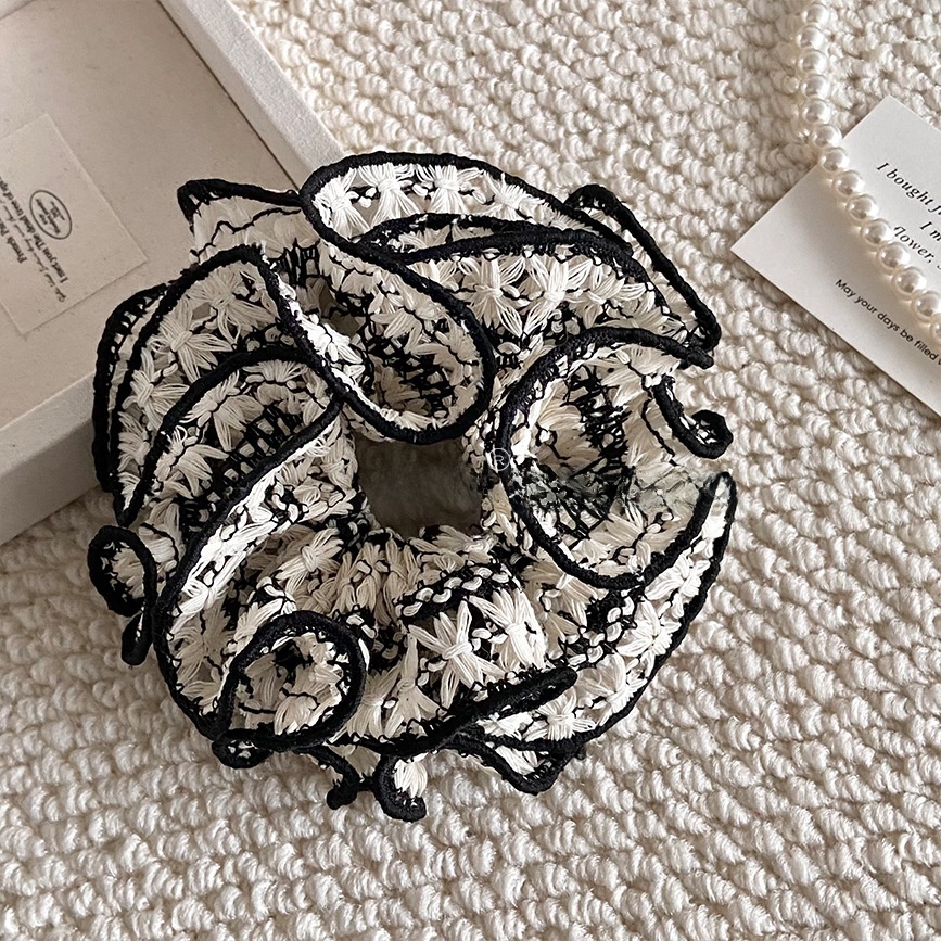 Women's Vintage Knit Flower Hair Tie, Beige & Blue Spring Summer Floral