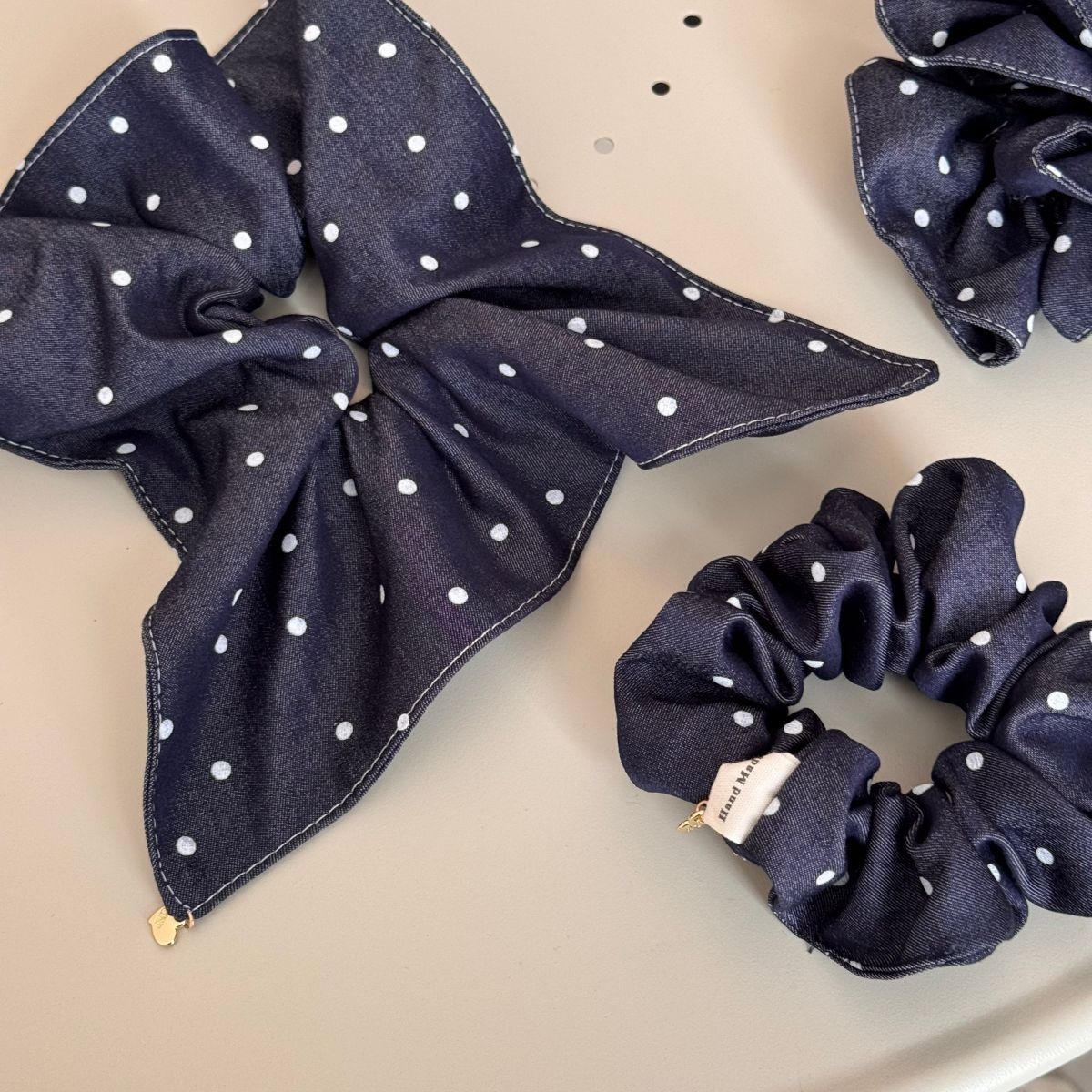 Women's Elegant Denim Cloth Scarf Hair Tie Dark Blue Polka Dot