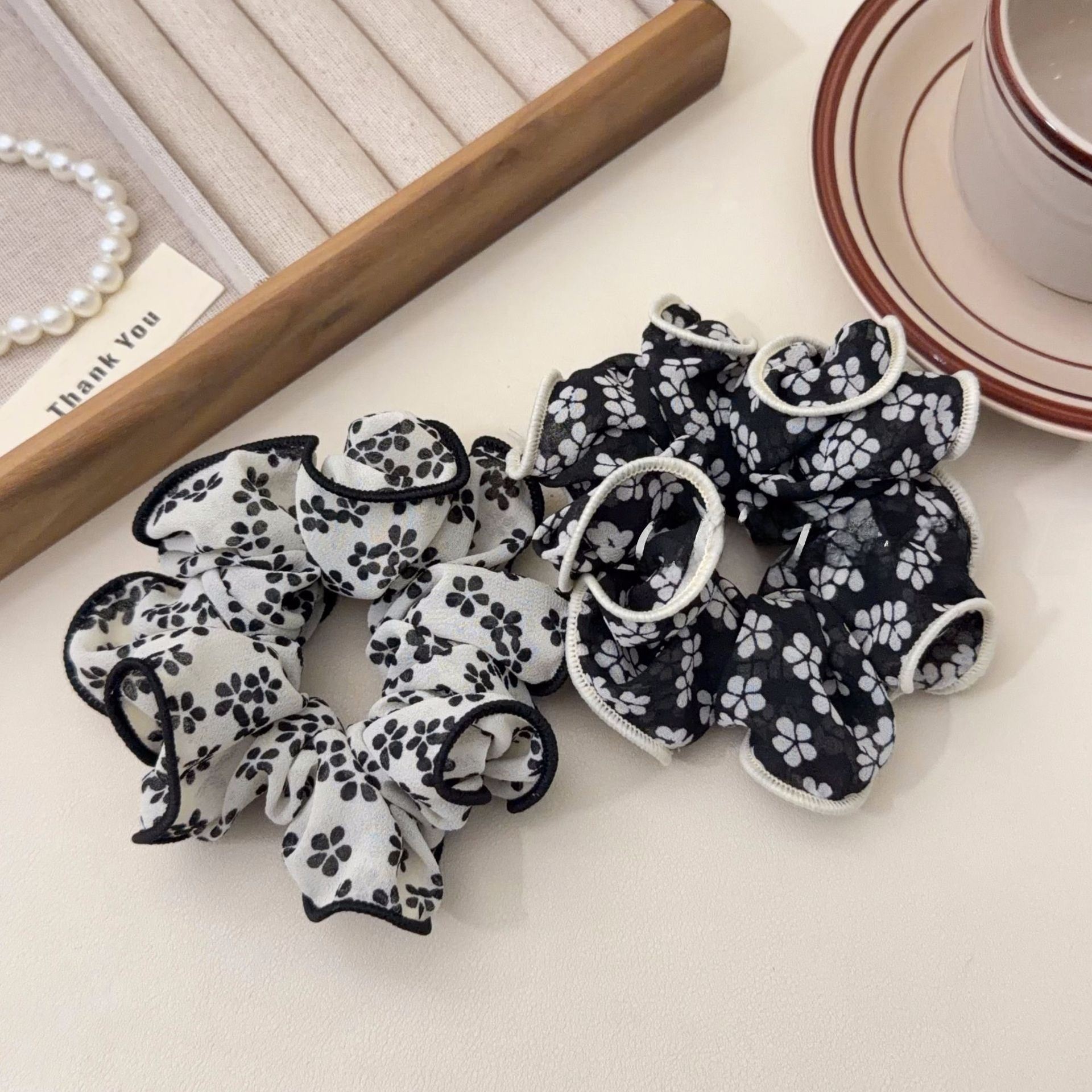 Women's Spring Summer French Style Cloth Hair Tie Black Ditsy Floral