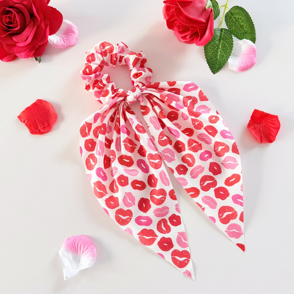 Women's Fabric Bow Hair Tie Ponytail Holder Valentine Heart Lip Print