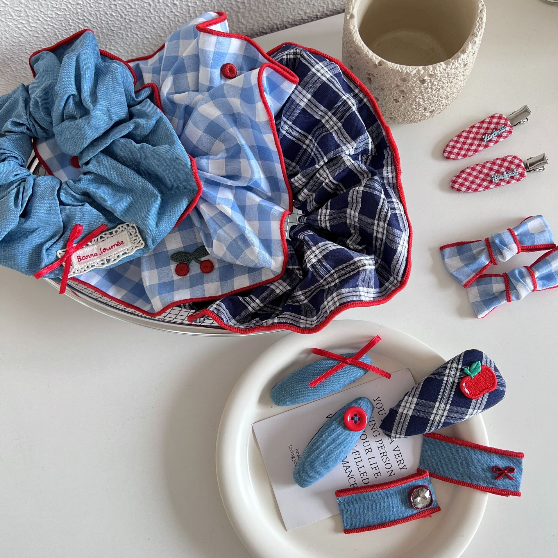 Women's Elegant Cloth Scarf Hair Tie Daily Scrunchie Retro Plaid Cherry