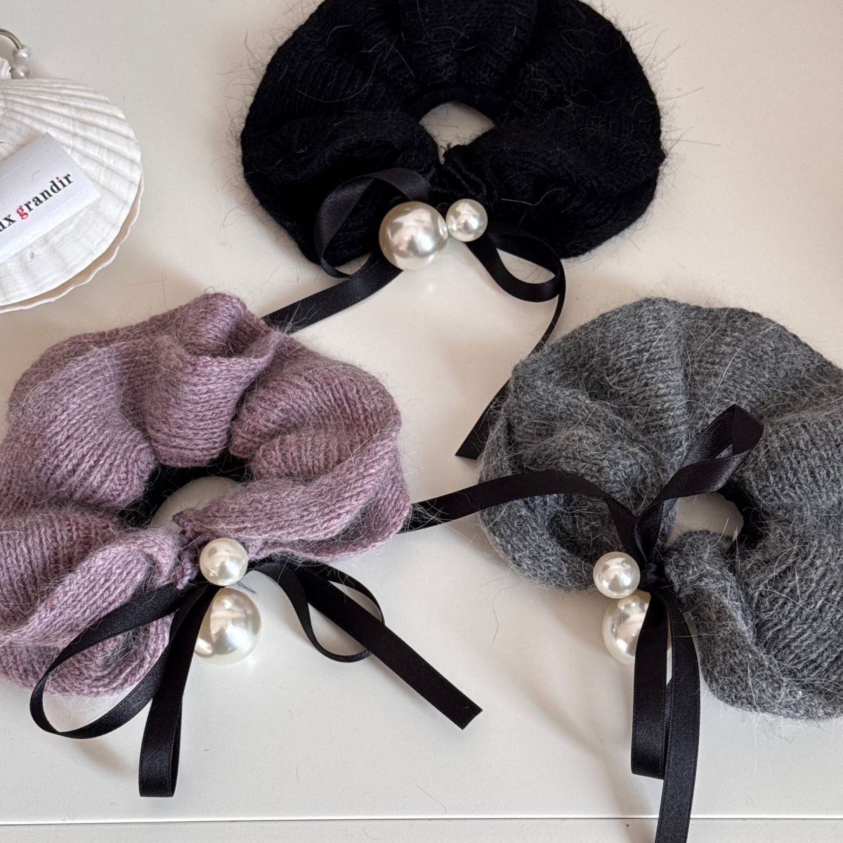 Women's High-end Pearl Knitted Wool Hairband Winter Ribbon Bow Bun Tie