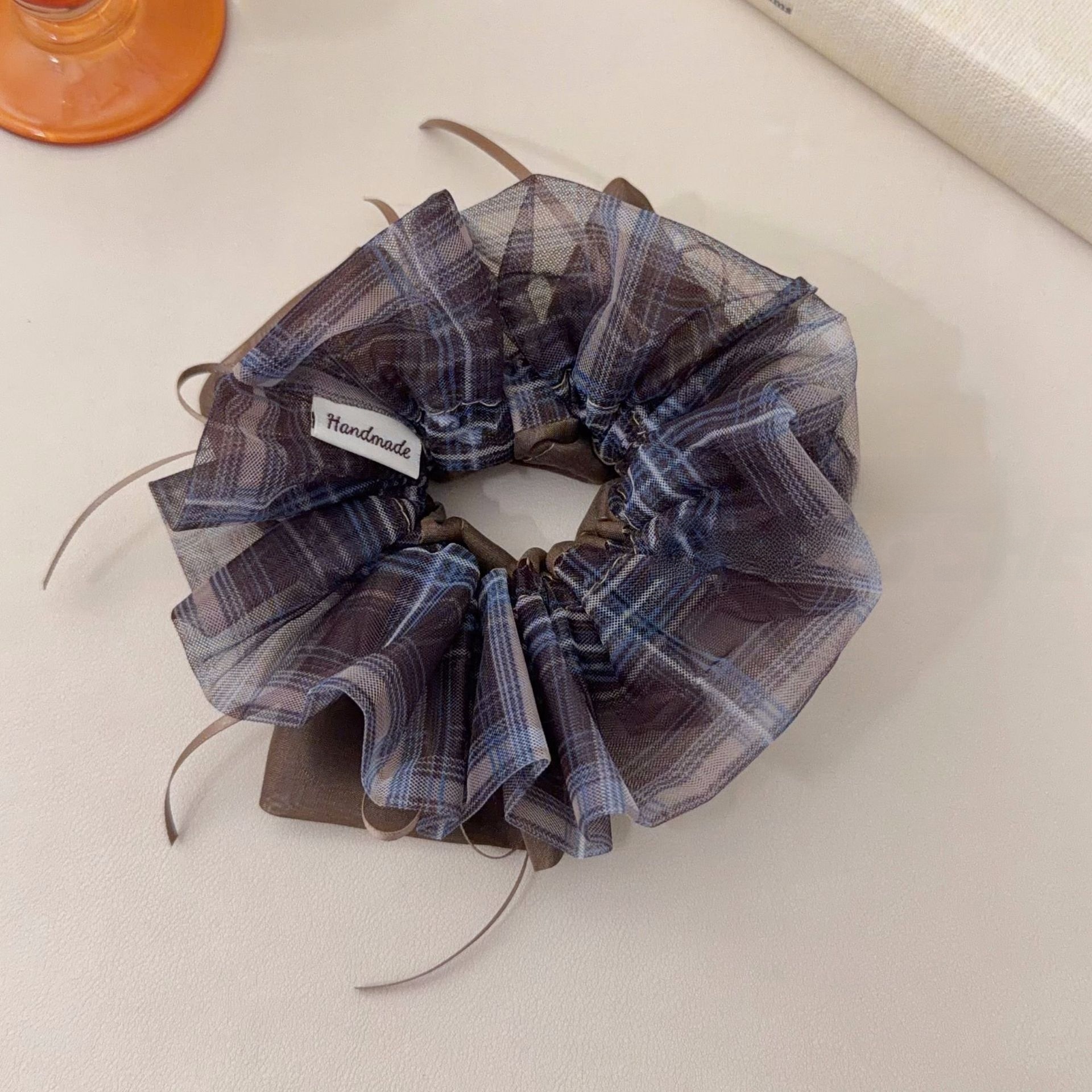 Women's Preppy Organza Bowknot Scrunchie Coffee Plaid Hair Tie