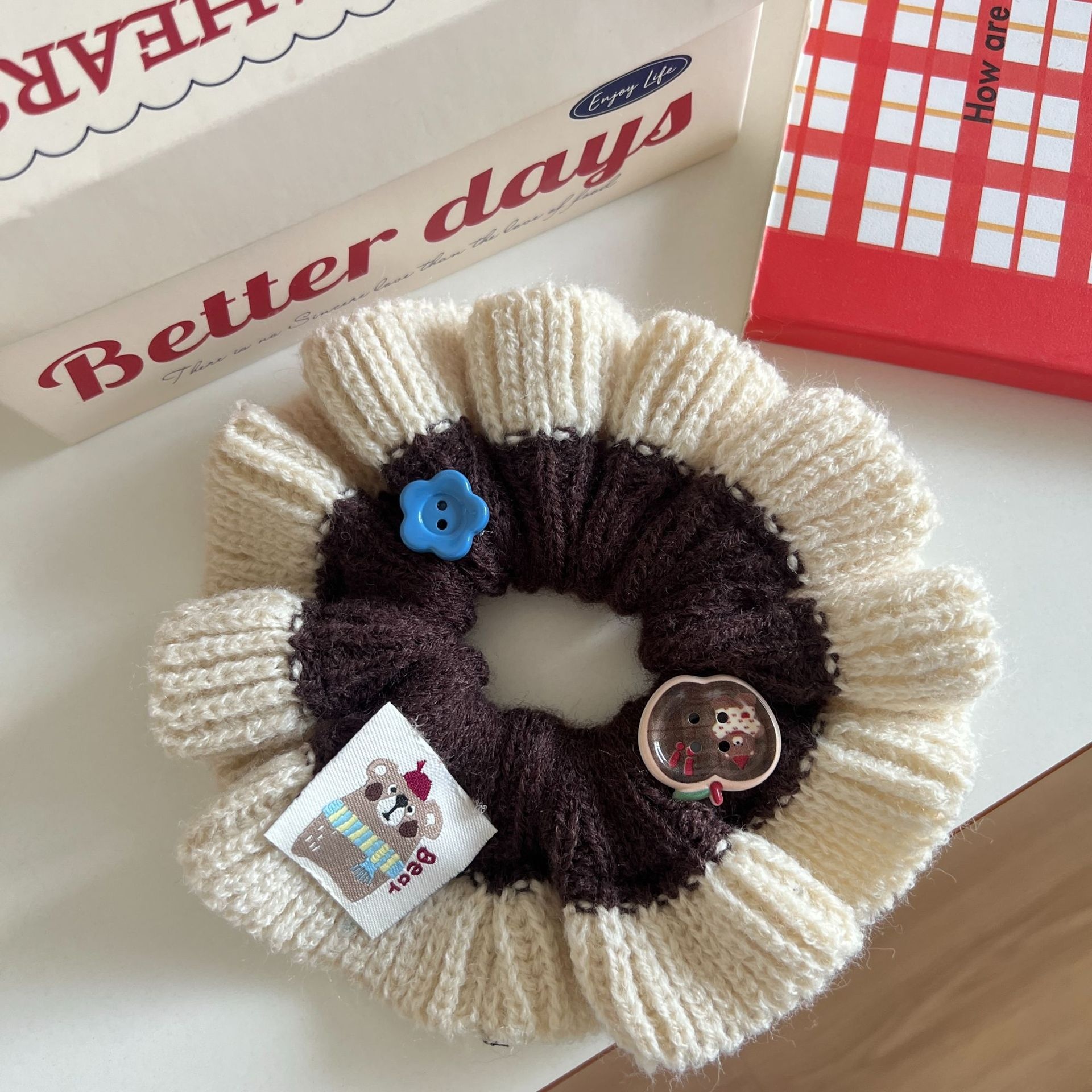 Women's Sweet Knitted Elastic Bun Hair Tie For Autumn Winter Color Block