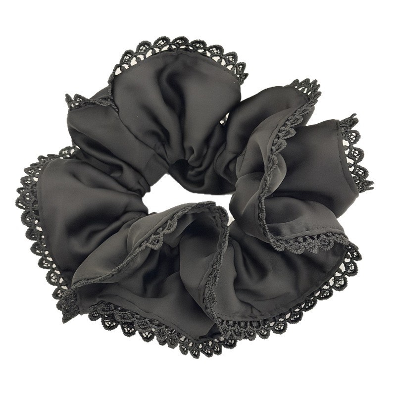Women's All-Season Satin Double Layer Ruffled Hair Tie Solid Black