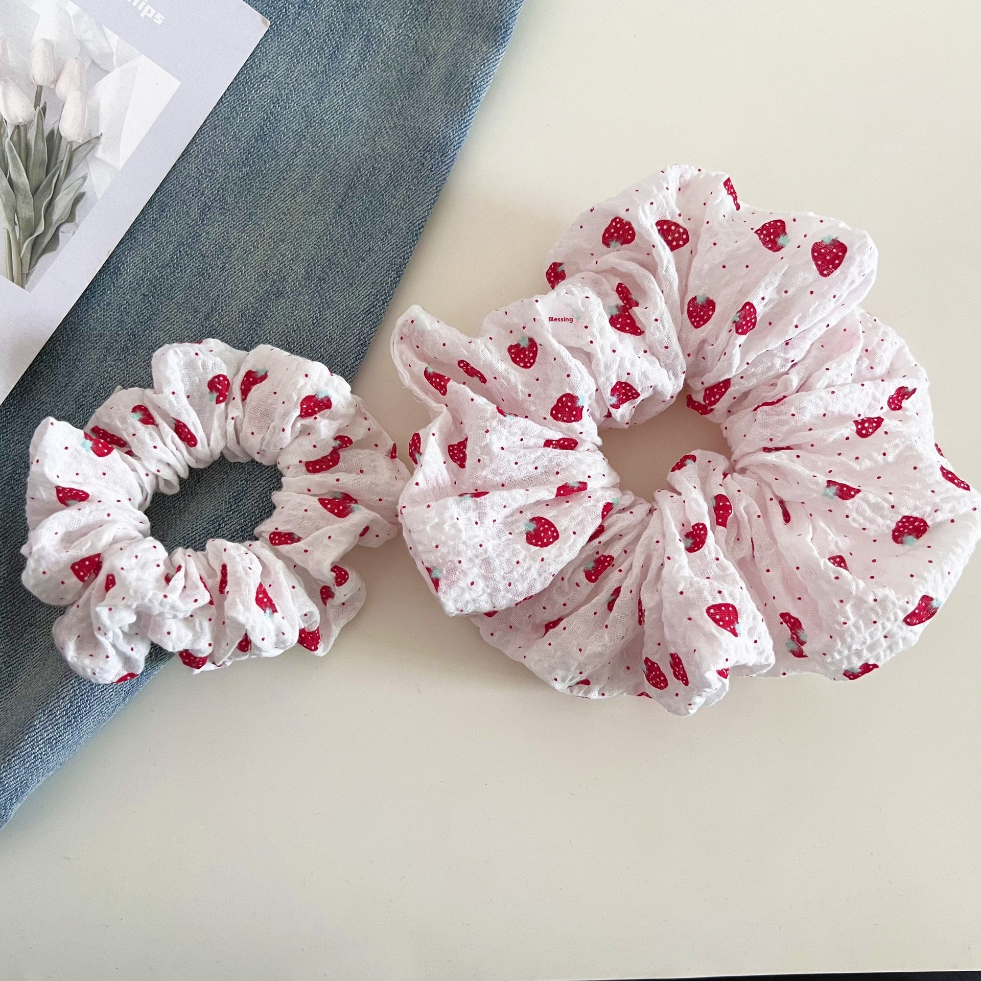 Women's Summer Cloth Ruched Bun Hair Scrunchie Strawberry Polka Dots