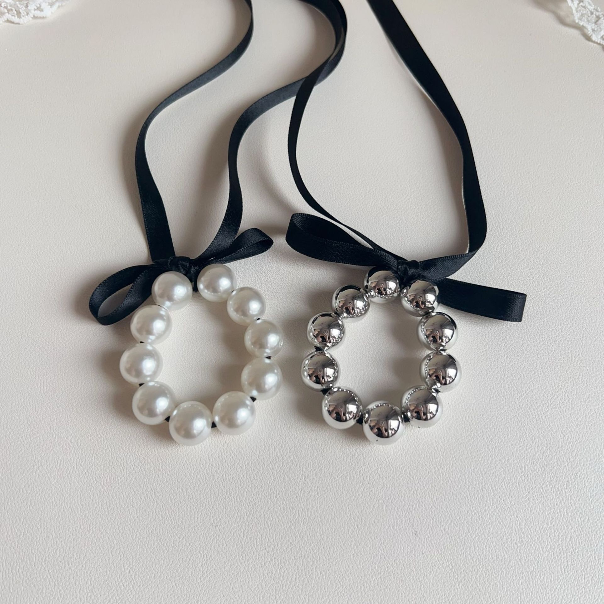 Women's Summer Beaded Bowknot Hair Tie Accessories White Silver