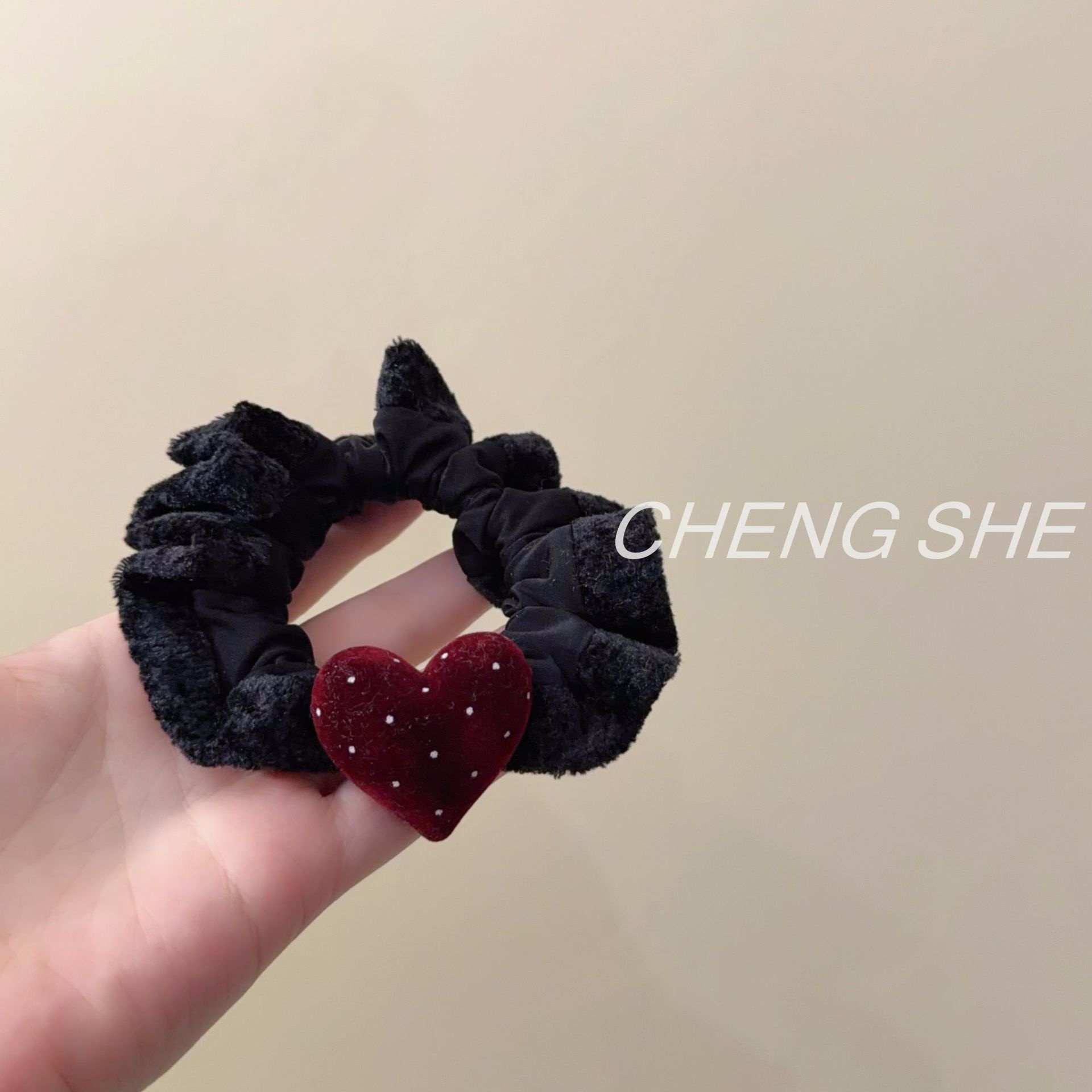 Women Winter Velvet Scrunchie Polka Dots Dark Coffee Elastic Hair Tie