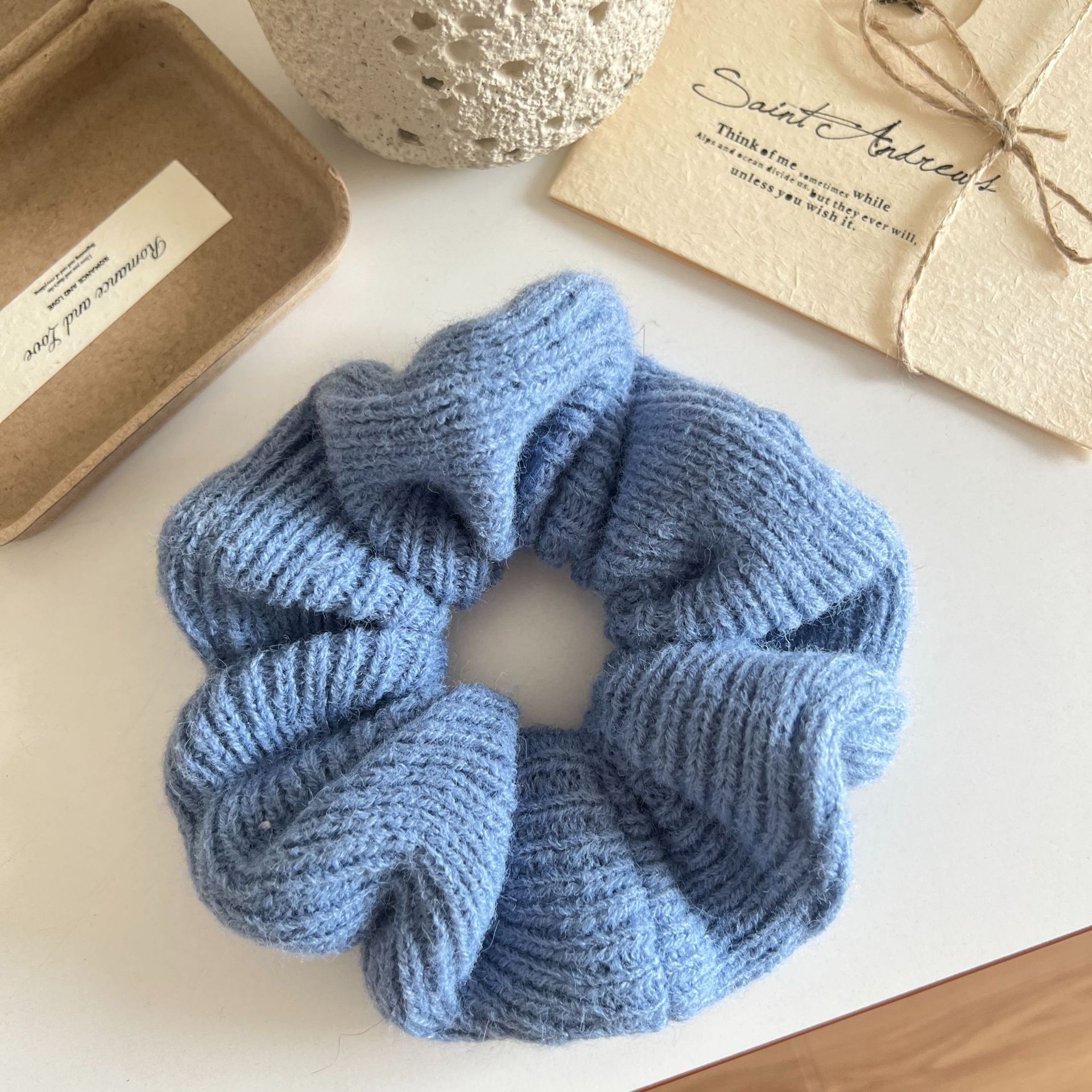 Women's Retro Knitted Pleated Elastic Hair Scrunchie Solid Coffee Color