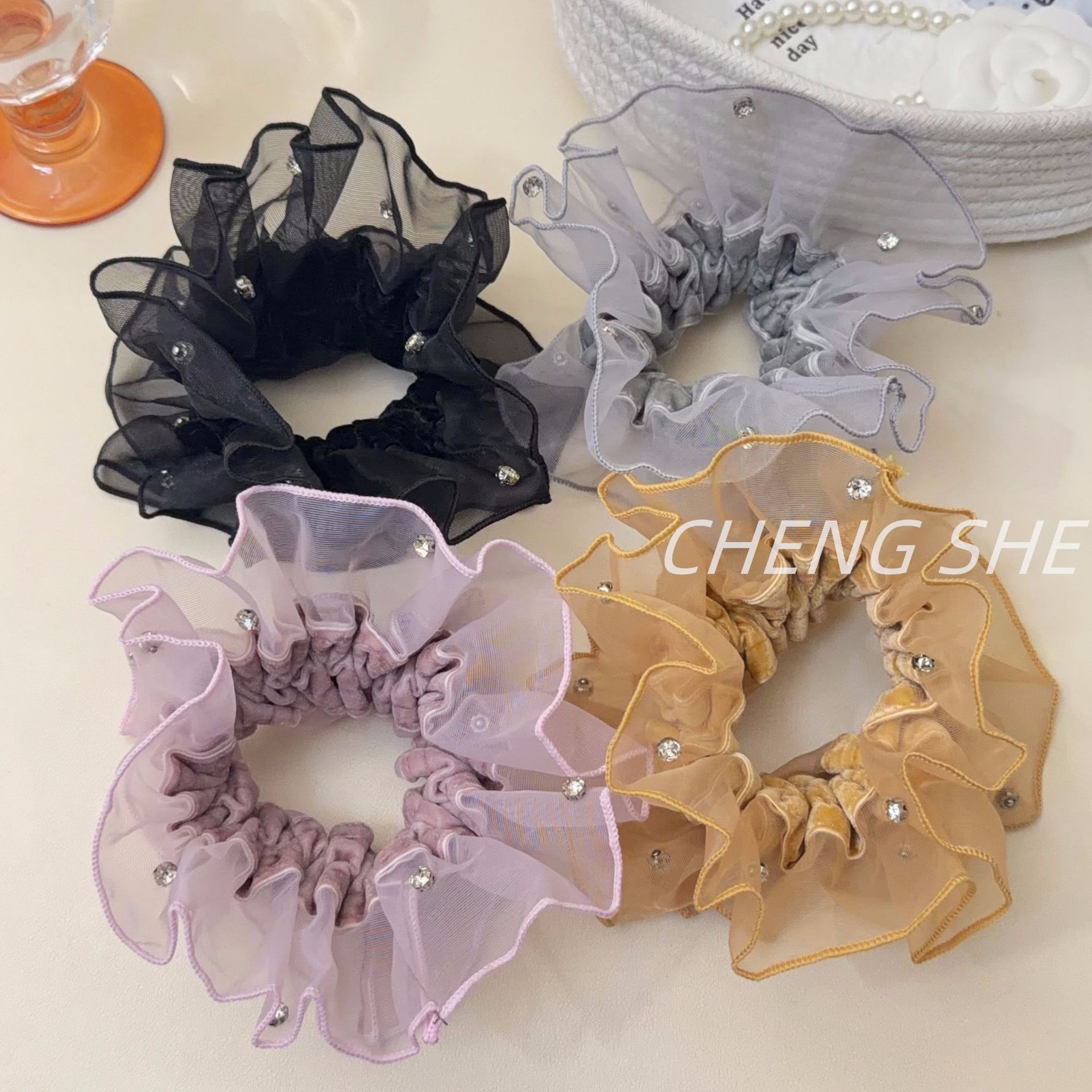 Women's Everyday Elegant Organza Rhinestone Hair Tie Solid Yellow