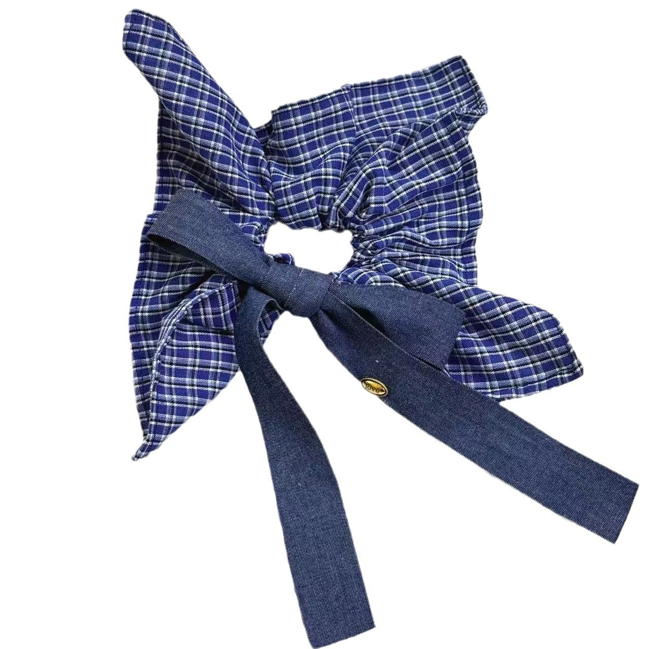 Women's Vintage Bowknot Elastic Scarf Hair Tie Blue Denim Plaid