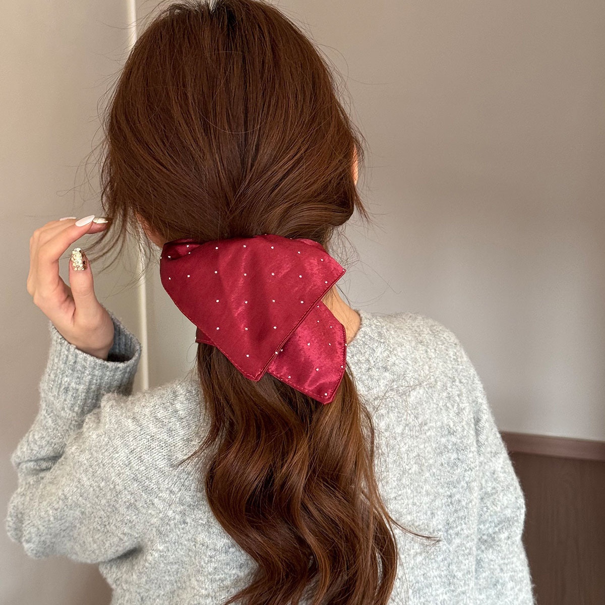 Women's All Season Satin Scarf Scrunchie Hair Tie Solid Red