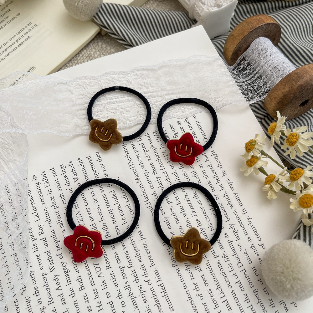 Girls Winter Flocked Elastic Hair Tie Star Smiley Face Black Yellow Blue