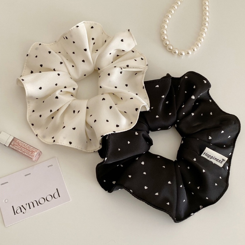Women's Elegant French Satin Hair Tie Black White Heart Polka Dots