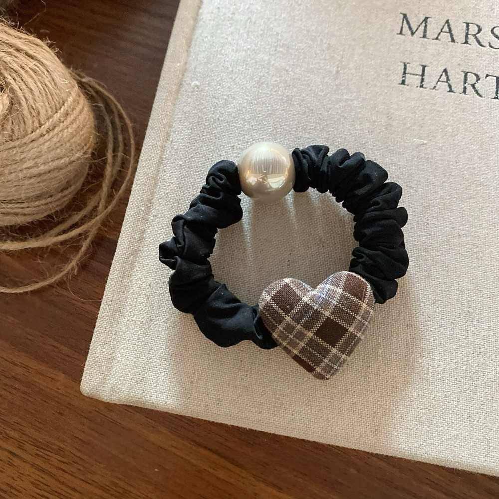 Women's Autumn Winter High Elastic Pearl Fabric Hair Ties Plaid Heart