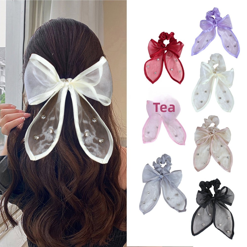 Women's Summer Fairy Gauze Rhinestone Ponytail Hair Tie Wine Red Bowknot