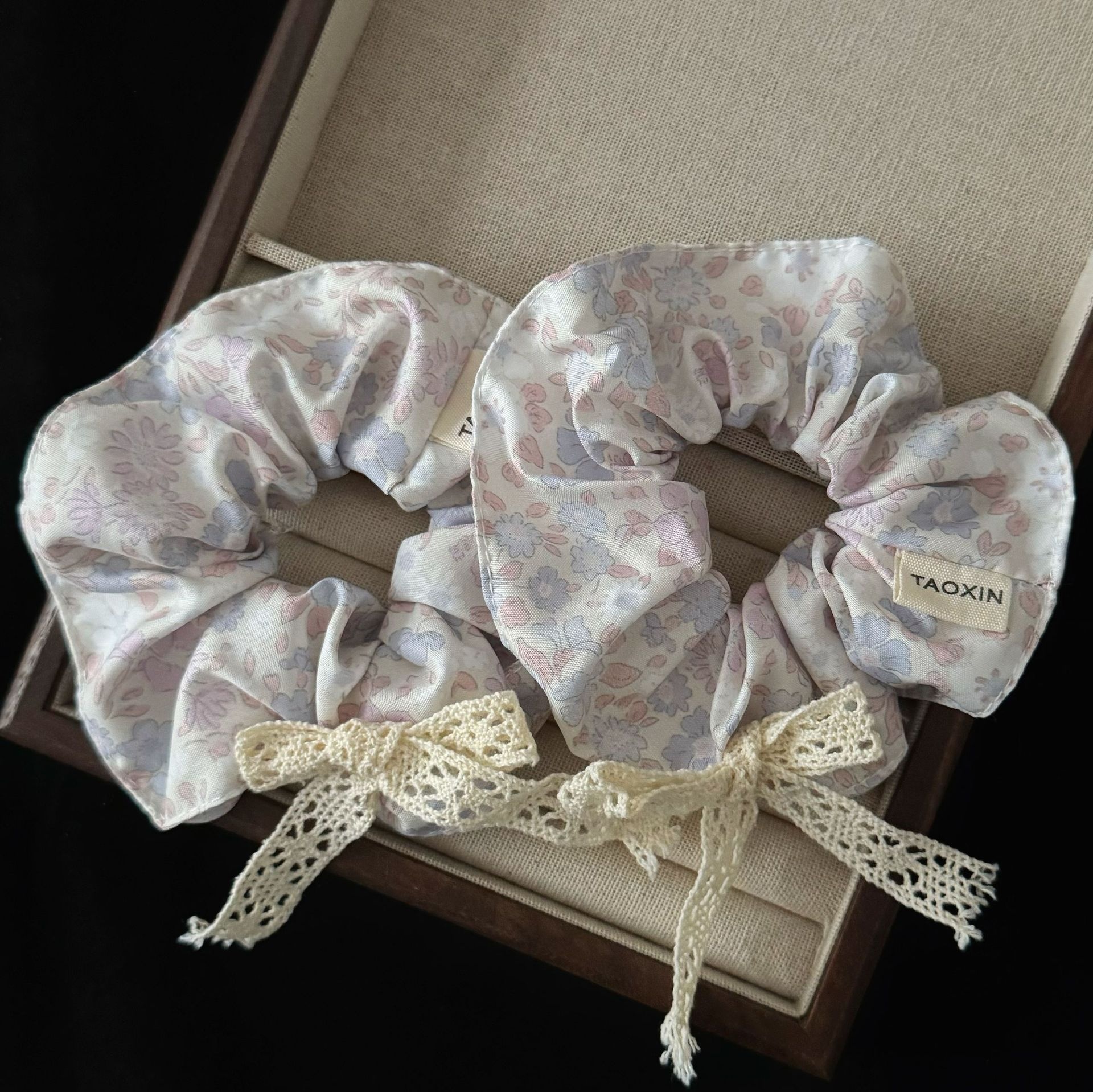 Girls Sweet Purple Floral Bow Scrunchie Large Elastic Cloth Ponytail Hair Tie