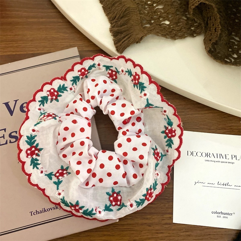 Women's Elegant Cloth Hair Tie, Pastoral Red & White Polka Dot Floral Embroidery