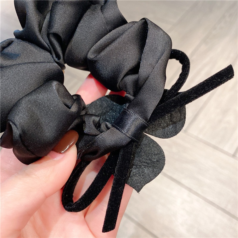 Women's French Retro Bowknot Rhinestone Flower Hair Tie Coffee Black