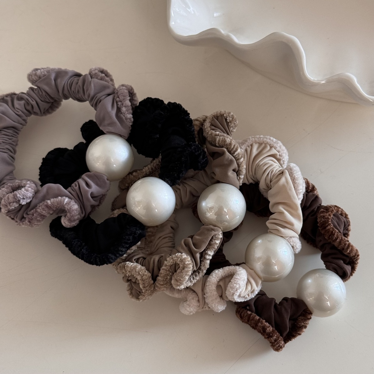 Women's Winter Plush Bow Hair Tie Pearl Khaki Coffee Beige Black