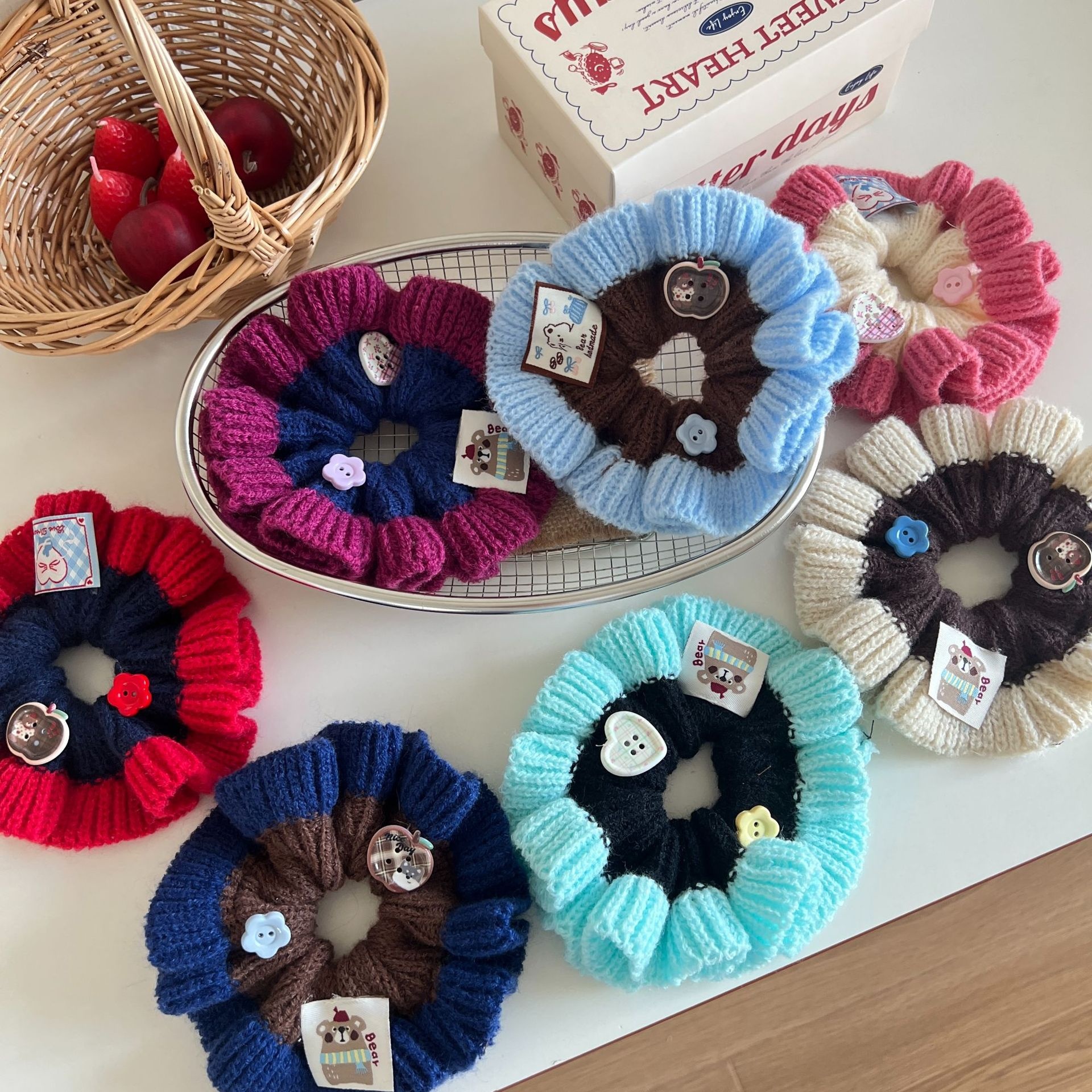 Women's Sweet Knitted Elastic Bun Hair Tie For Autumn Winter Color Block