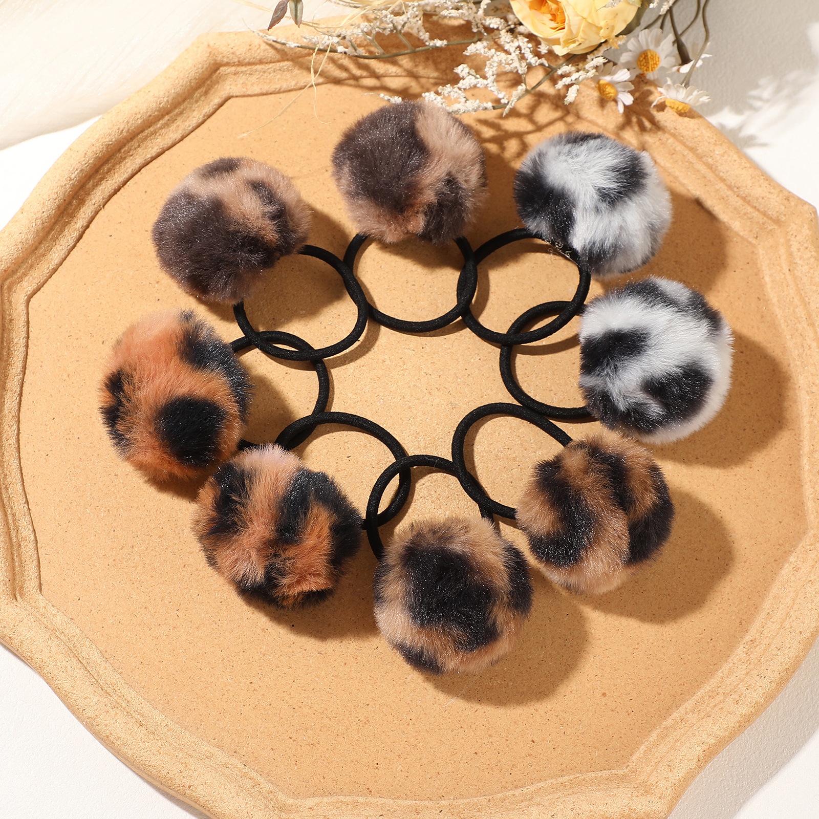 Women's Winter Plush High Elasticity Pom Pom Hair Tie Leopard Print