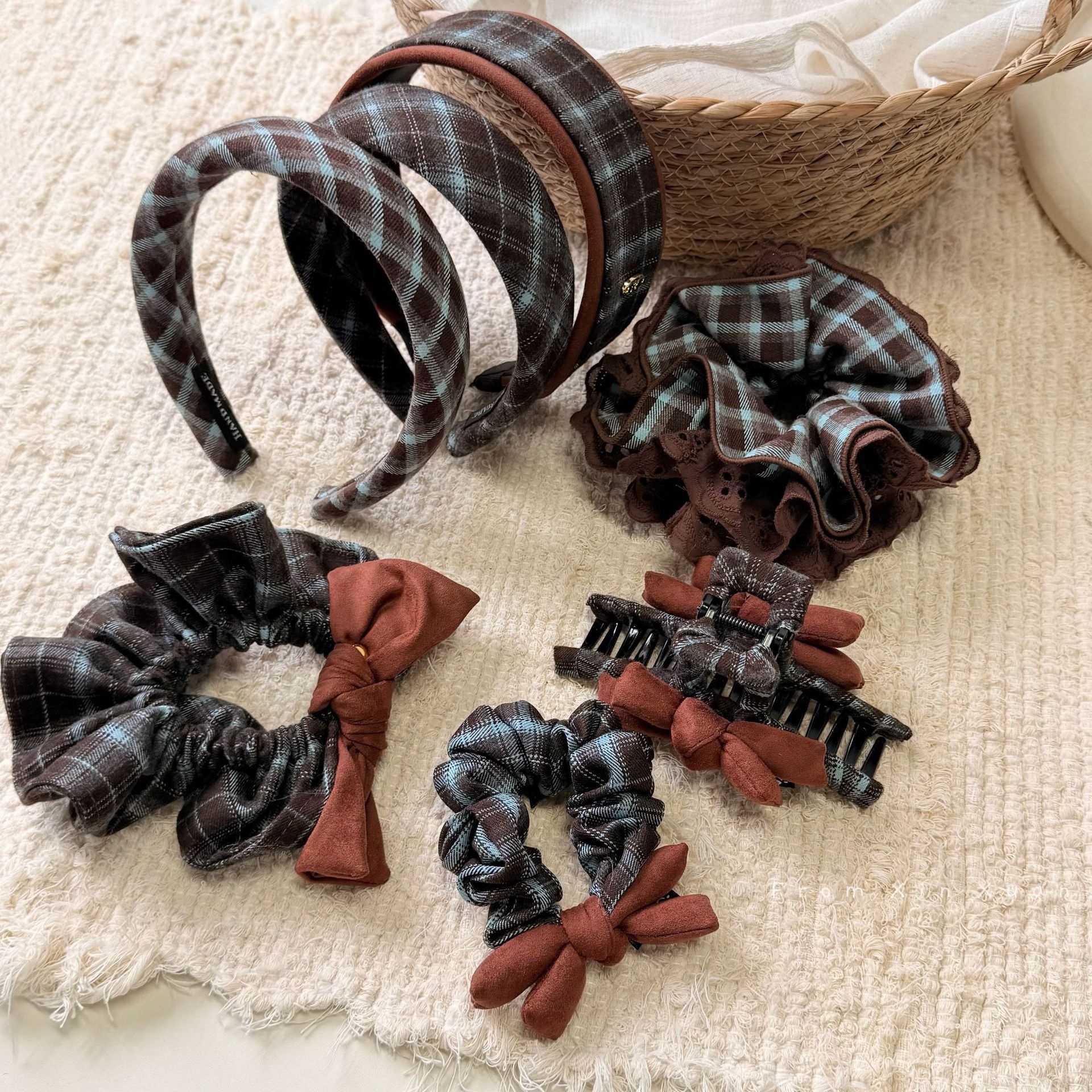 Women's Vintage Blue Plaid Hair Bands High Elasticity Fairy Style Cloth Ties