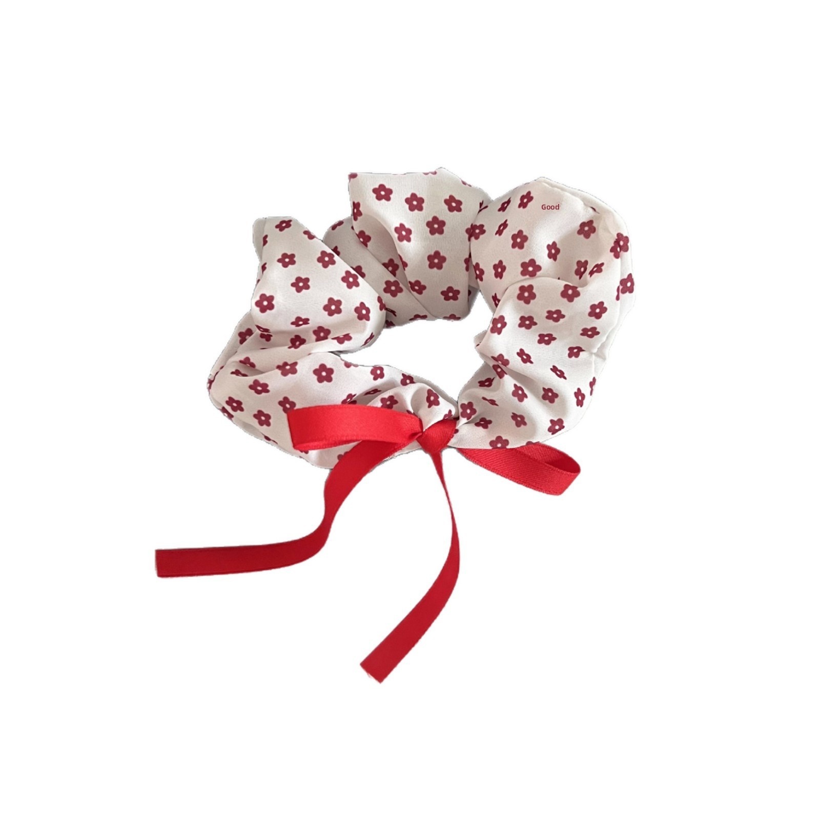 Women's Cloth Bowknot Hair Tie White Red Ditsy Floral Heart Print