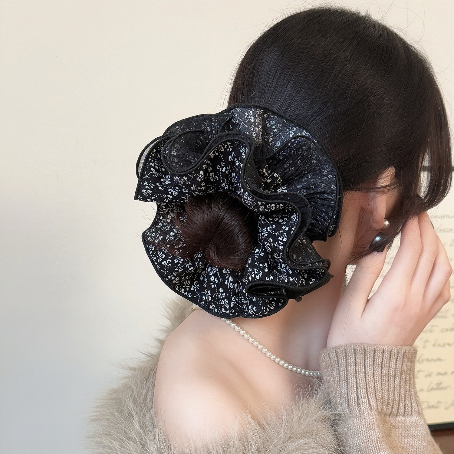 Women's Spring Korean Soft Gauze Hair Tie Black Ditsy Floral