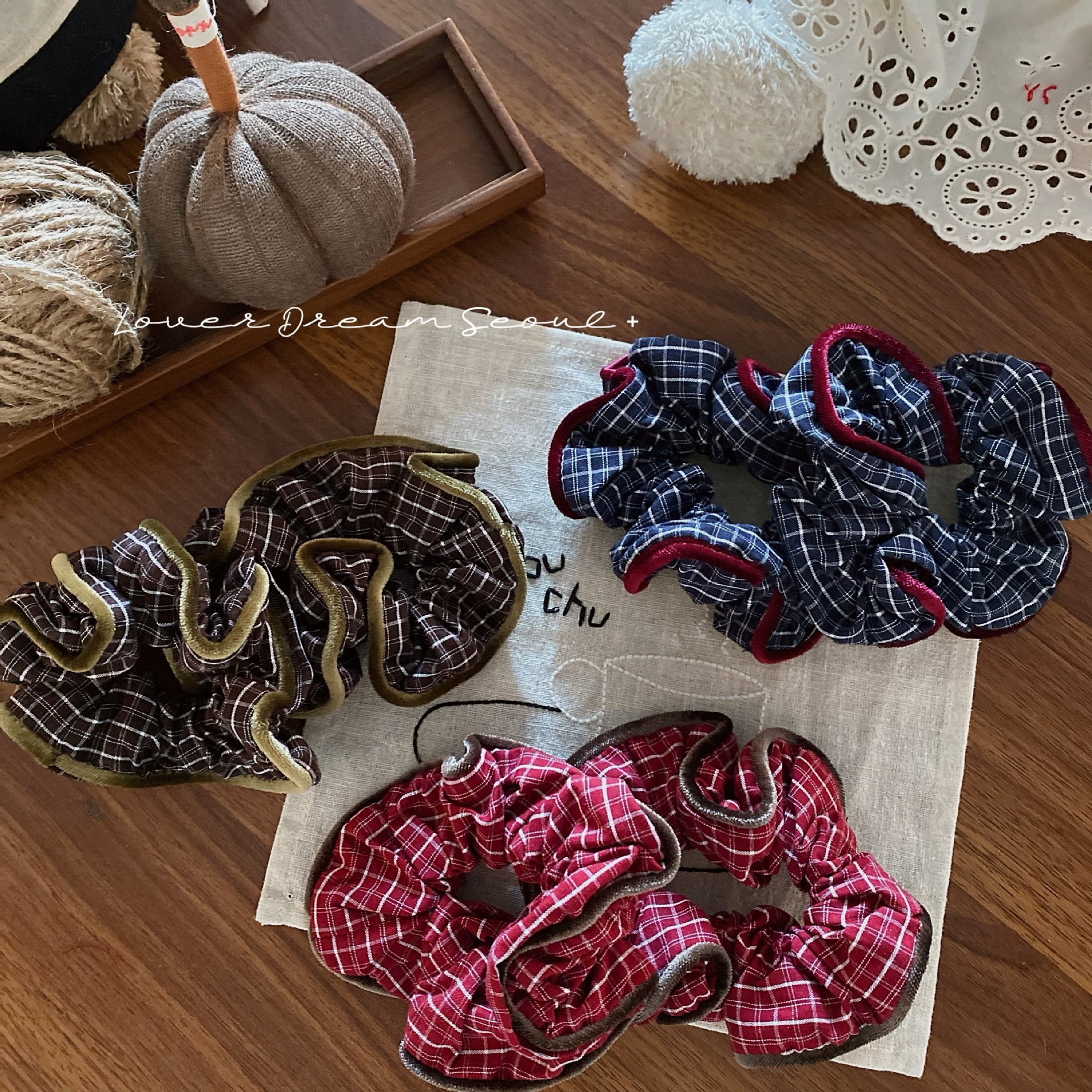 Women's Plaid Velvet Edged Hair Ties Elegant Autumn Winter Stripe Bands