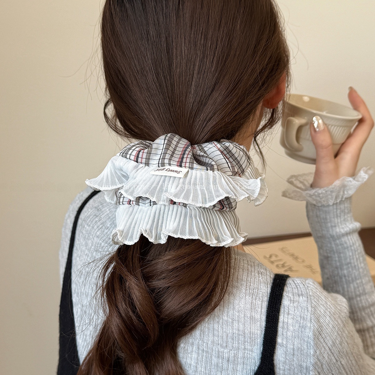Women Cloth Scrunchies Elastic Hair Tie Black White Plaid Checkered Design