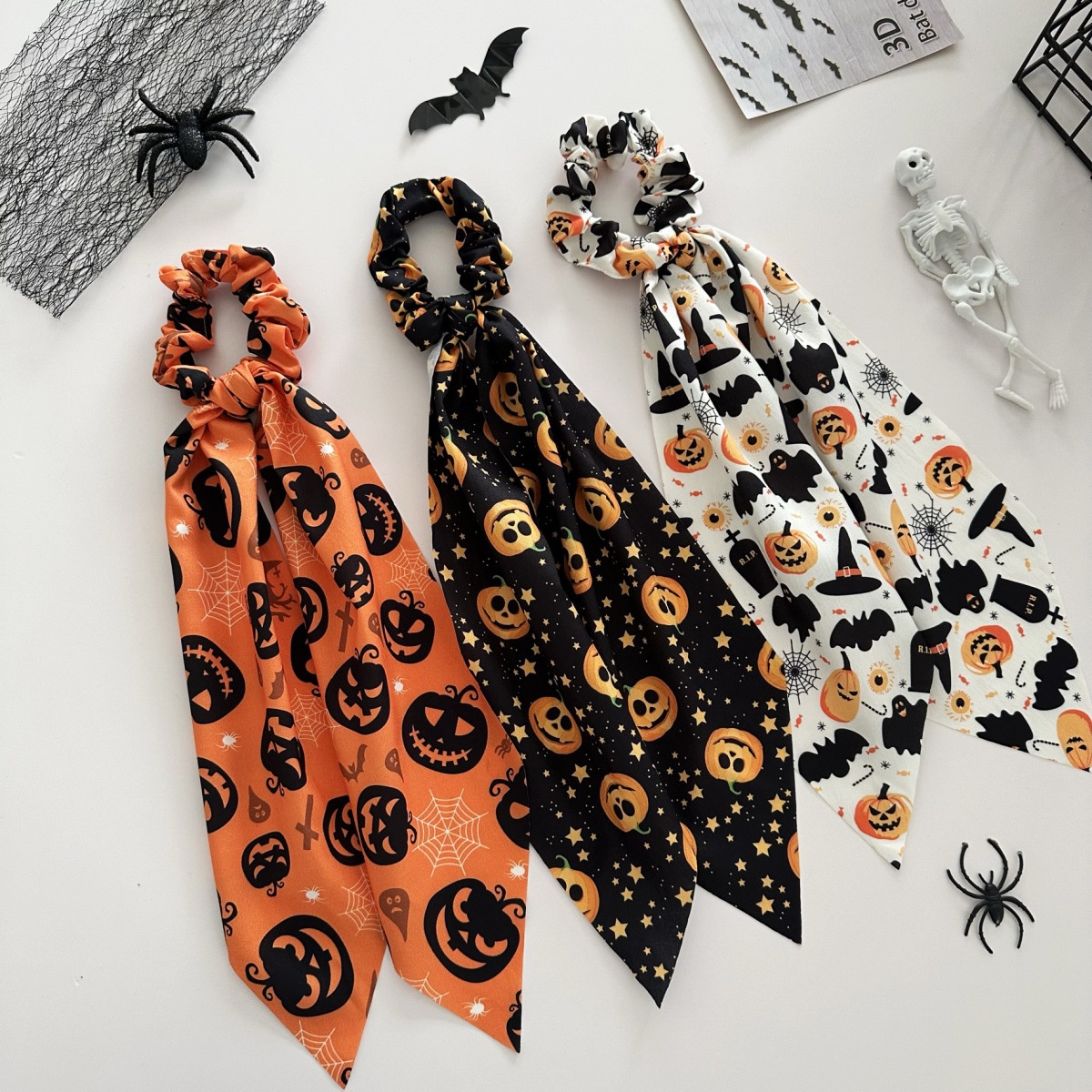 Women's Satin Ponytail Ribbon Hair Tie Dark Halloween Pumpkin Print