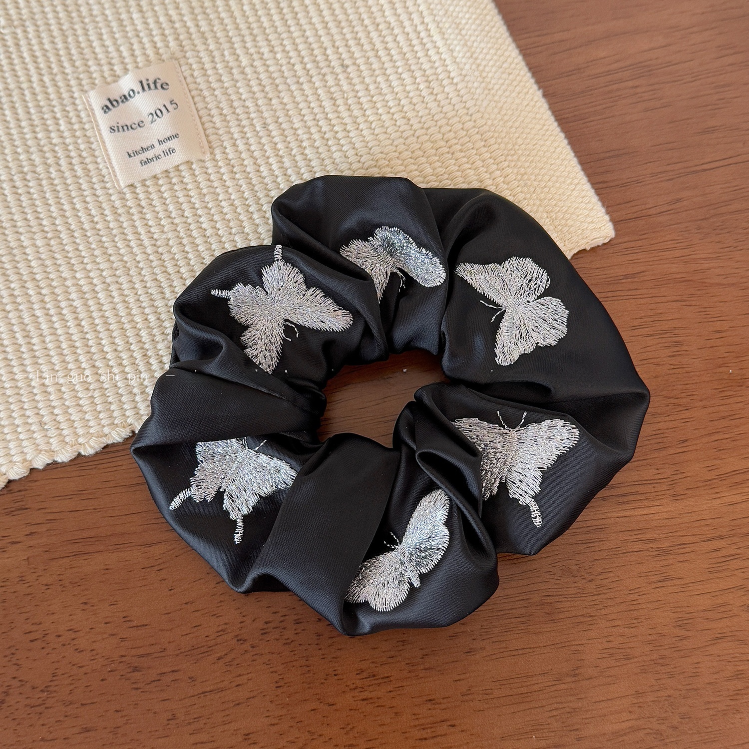 Women's All Season Satin Hair Tie Black Silver Butterfly Embroidery