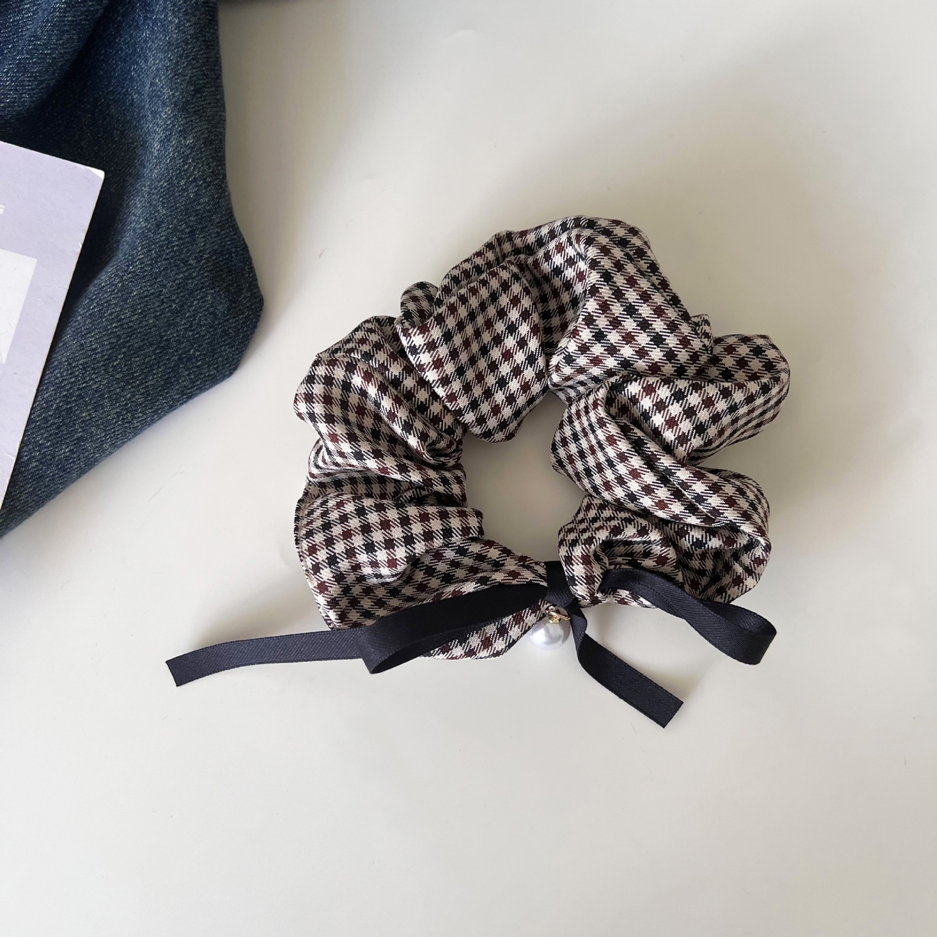 Women's Trendy Black & White Plaid Scrunchie with Pearl Bow Knot
