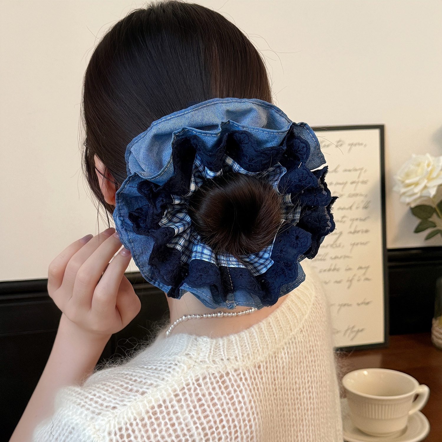 Women's Elegant Cloth Hair Scrunchie Double Layer Blue Plaid Lace