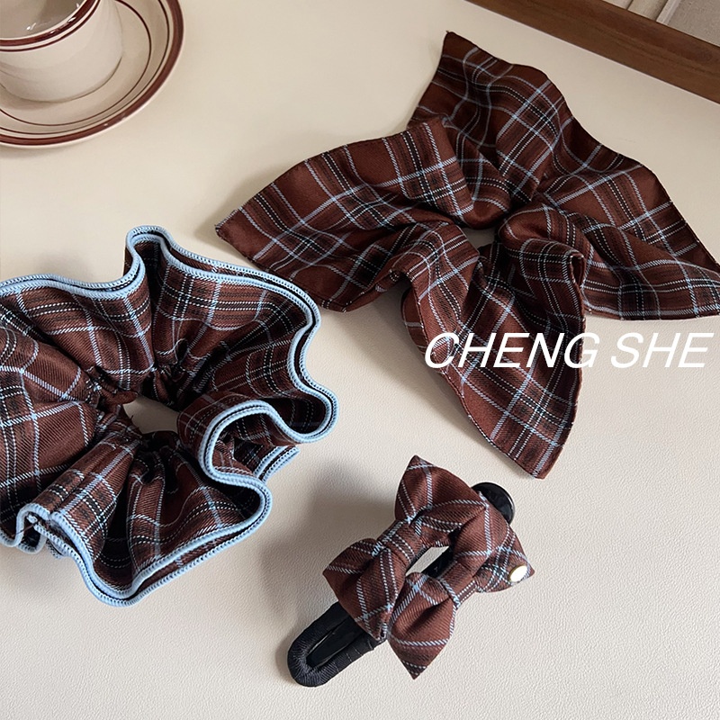 Women's Preppy Hair Ties British Plaid Brown Coffee Cloth Hair Accessories