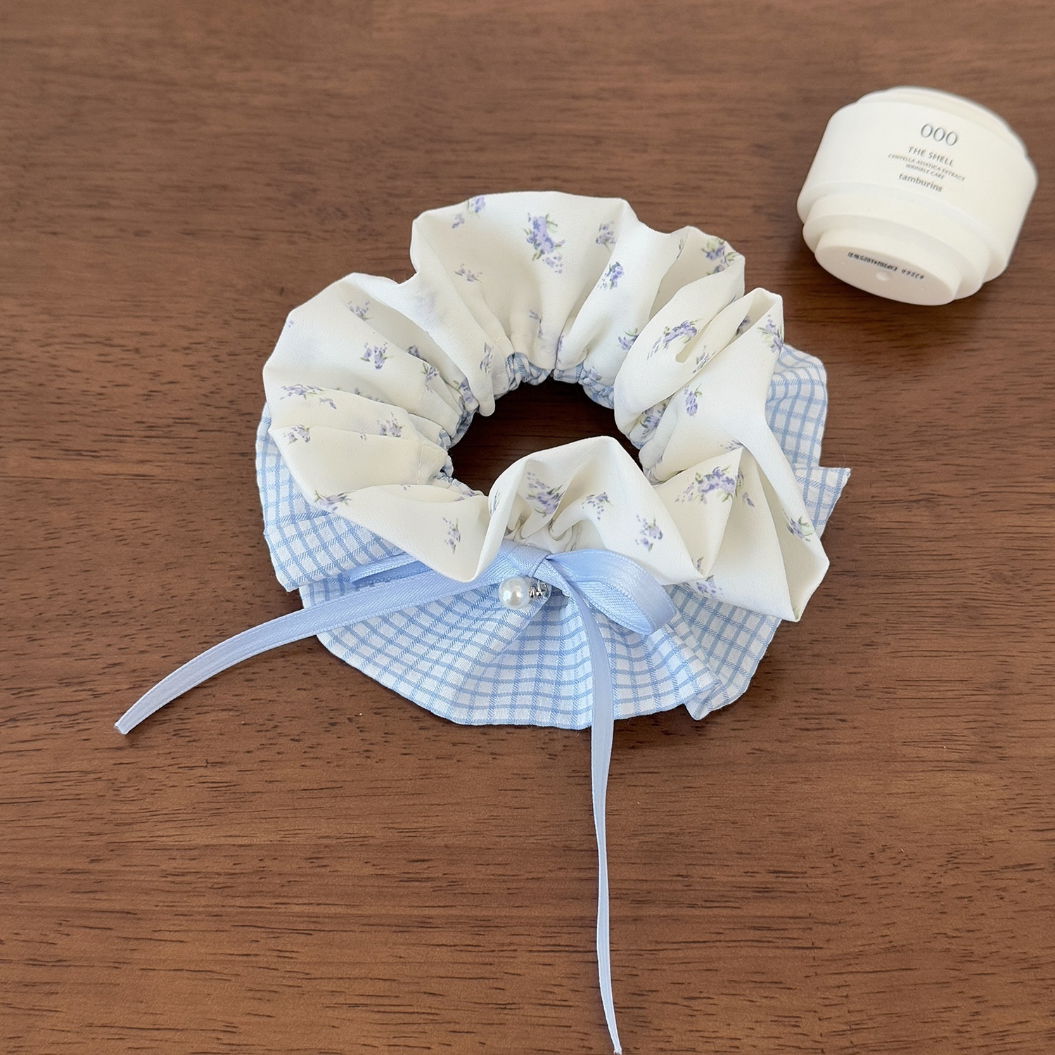 Women Spring Preppy Lace Fabric Hair Tie Scrunchie Blue Yellow Plaid