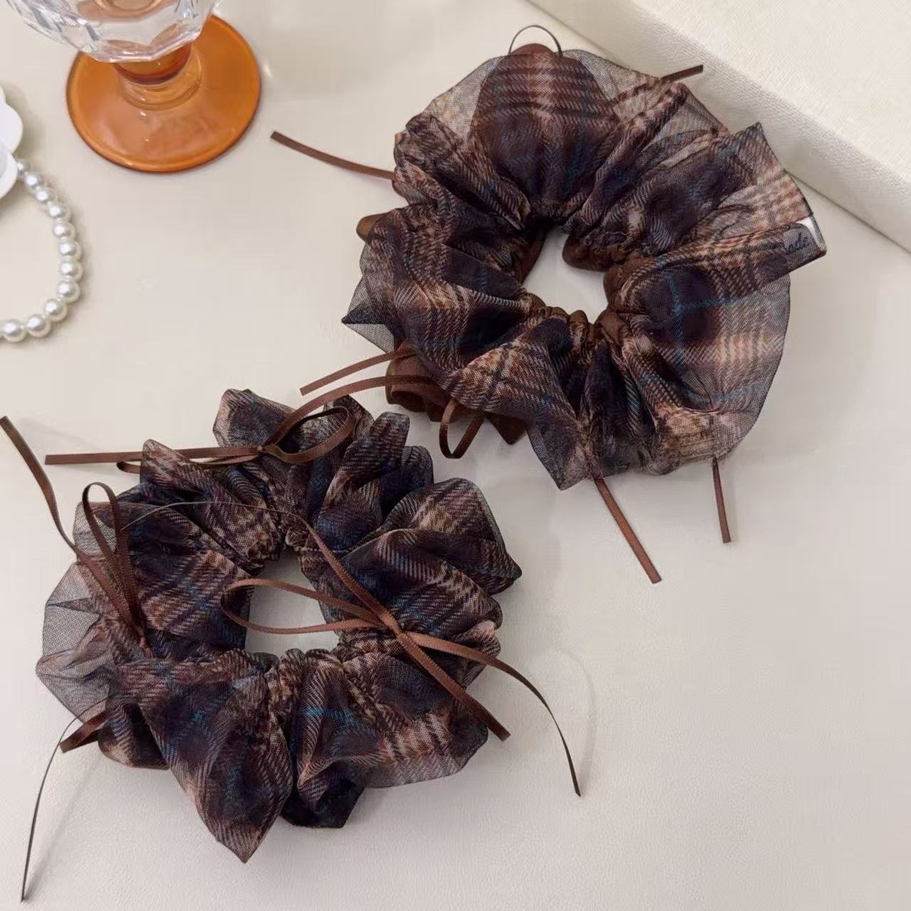 Women's Preppy Organza Bowknot Scrunchie Coffee Plaid Hair Tie