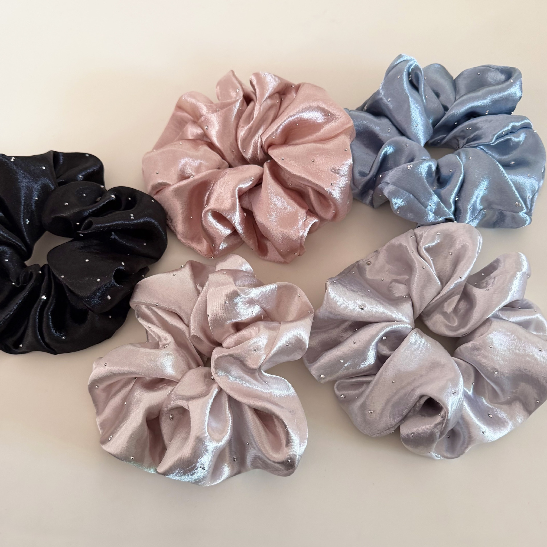 Women's French Satin Rhinestone Starry Scrunchie Hair Tie Solid Color