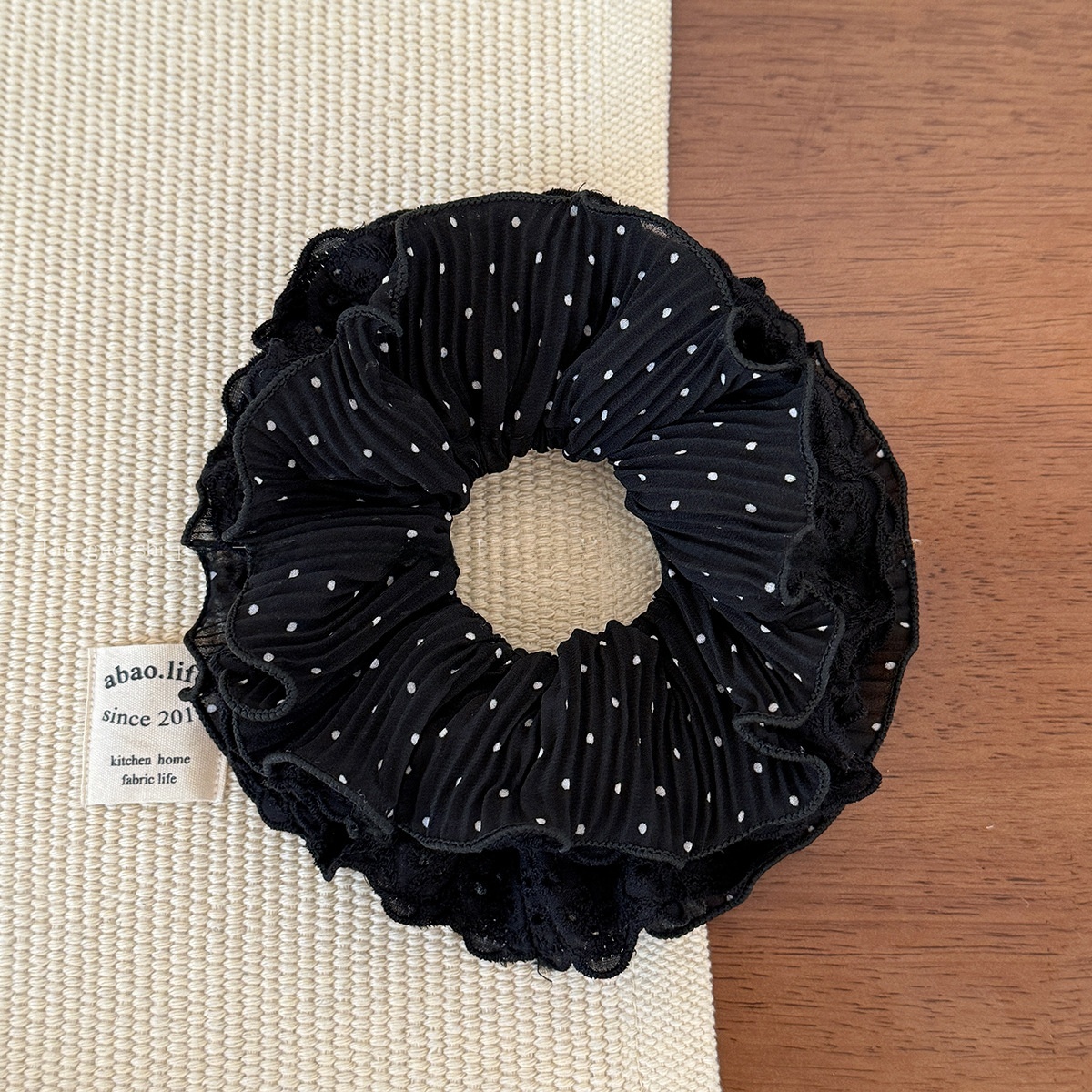 Women's Lace Scrunchie Hair Tie For Elegant Looks Black White Polka Dots