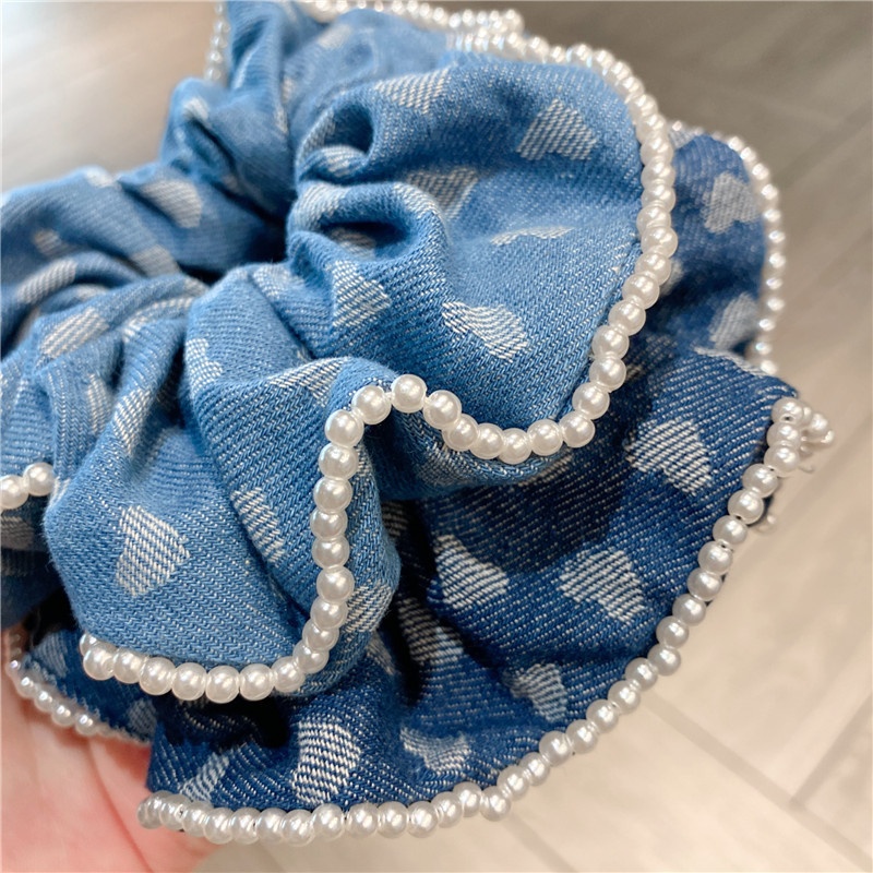 Women Sweet Ponytail Hair Bands Retro Denim Pearl Heart