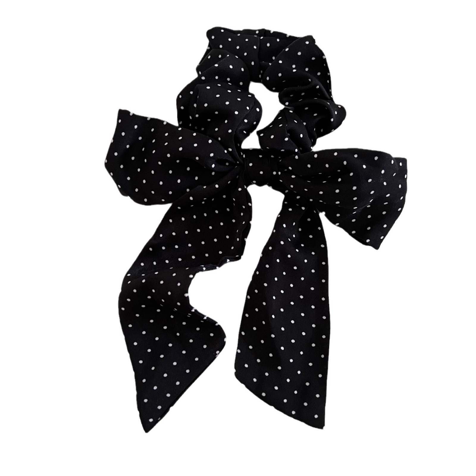 Women's Cloth Low Ponytail Elastic Hair Tie Beige Black Polka Dot Bow