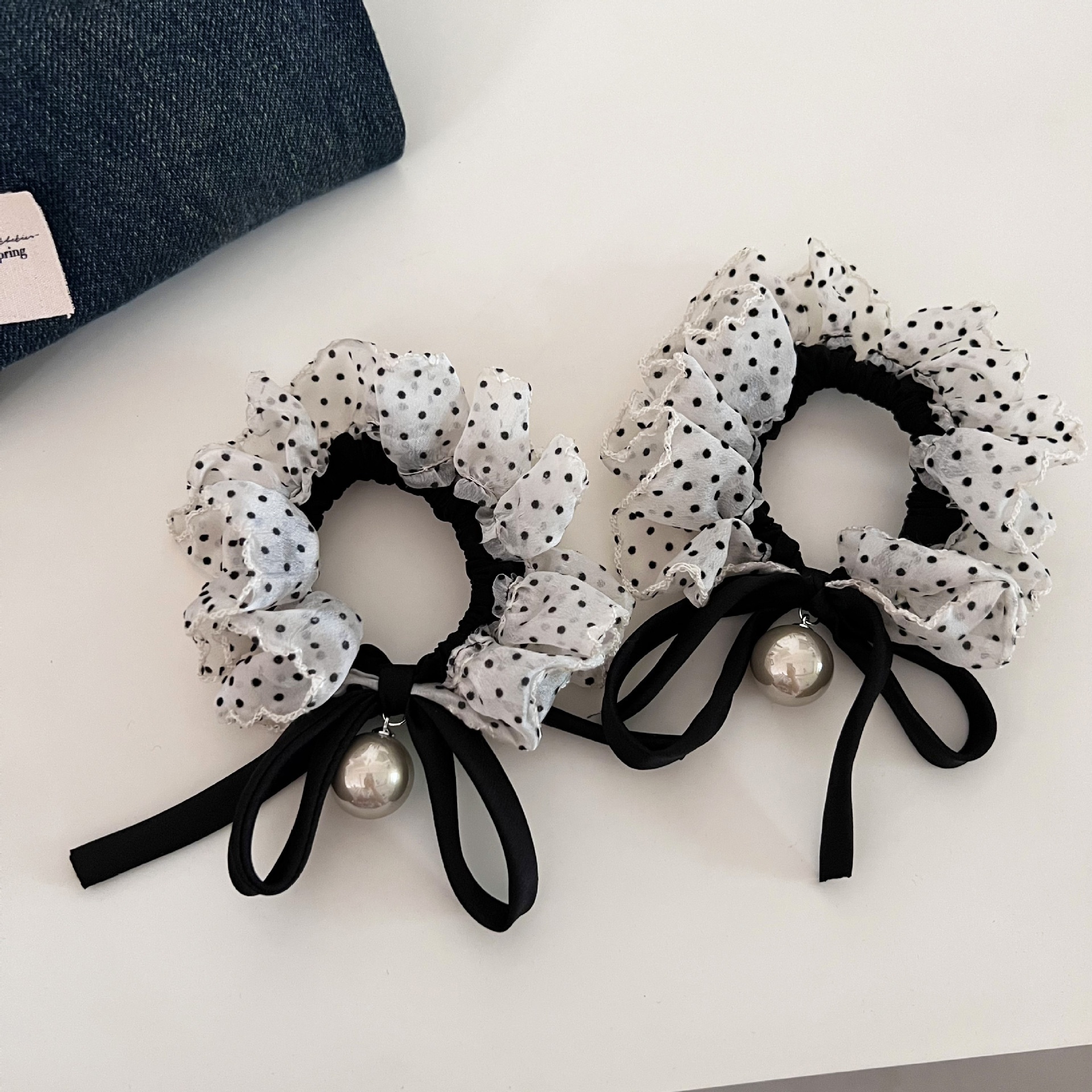 Women's Daily Pearl Bow Elastic Hair Tie Black White Polka Dot Cloth