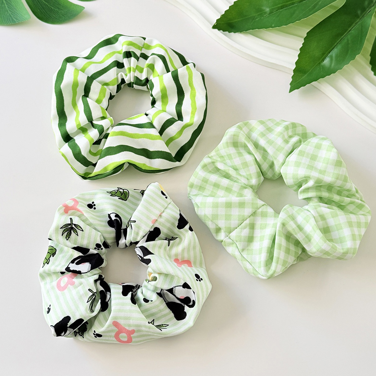 Women's Winter Cloth Hair Tie Cute Green Plaid Panda Pattern