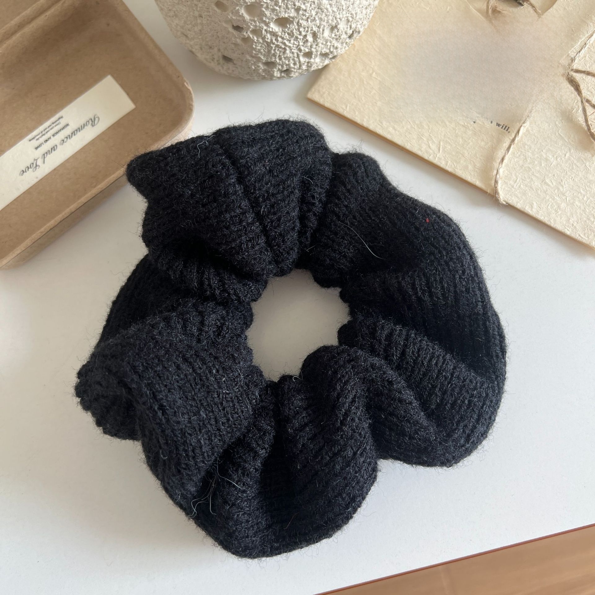 Women's Retro Knitted Pleated Elastic Hair Scrunchie Solid Coffee Color
