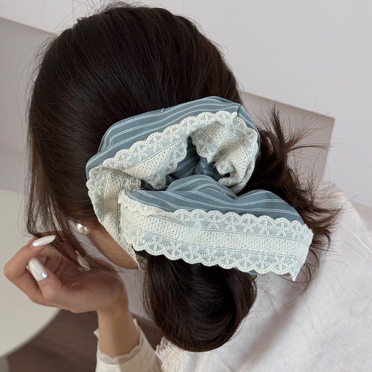 Women's Elegant Cloth Hair Tie For Everyday Wear Grey & Blue Striped Lace