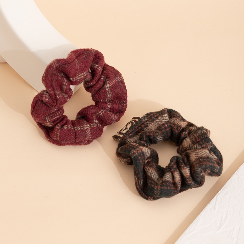 Women's Autumn Winter Wool Ponytail Hair Tie Smiley Plaid Black Coffee Red