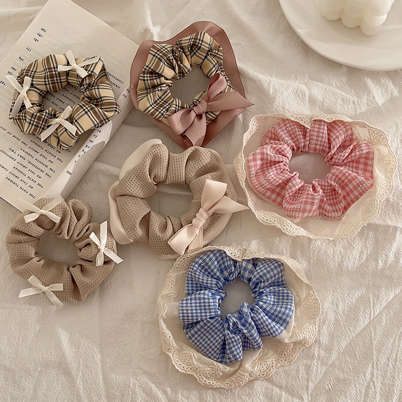 Women's Daily Rib-Knit Lace Rivet Hair Tie Sweet Plaid Bow Knot