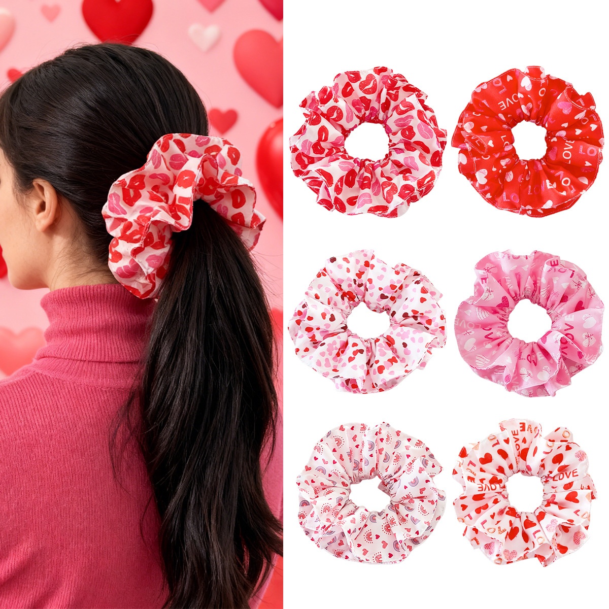 Women's Double Layer Cloth Hair Scrunchie Valentine Heart Lip Pattern
